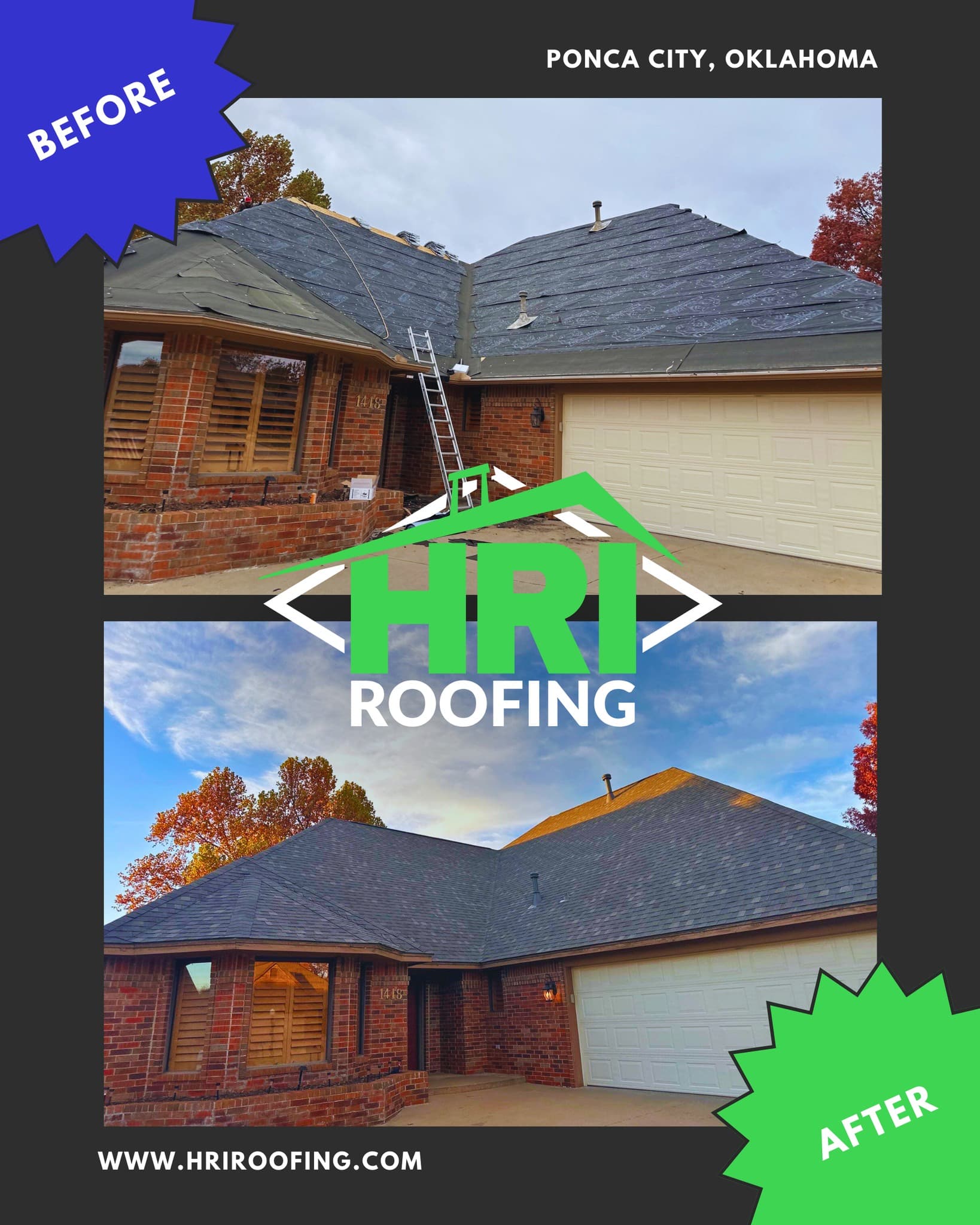 Before and After HRI Roofing - Roof Replacement in Oklahoma