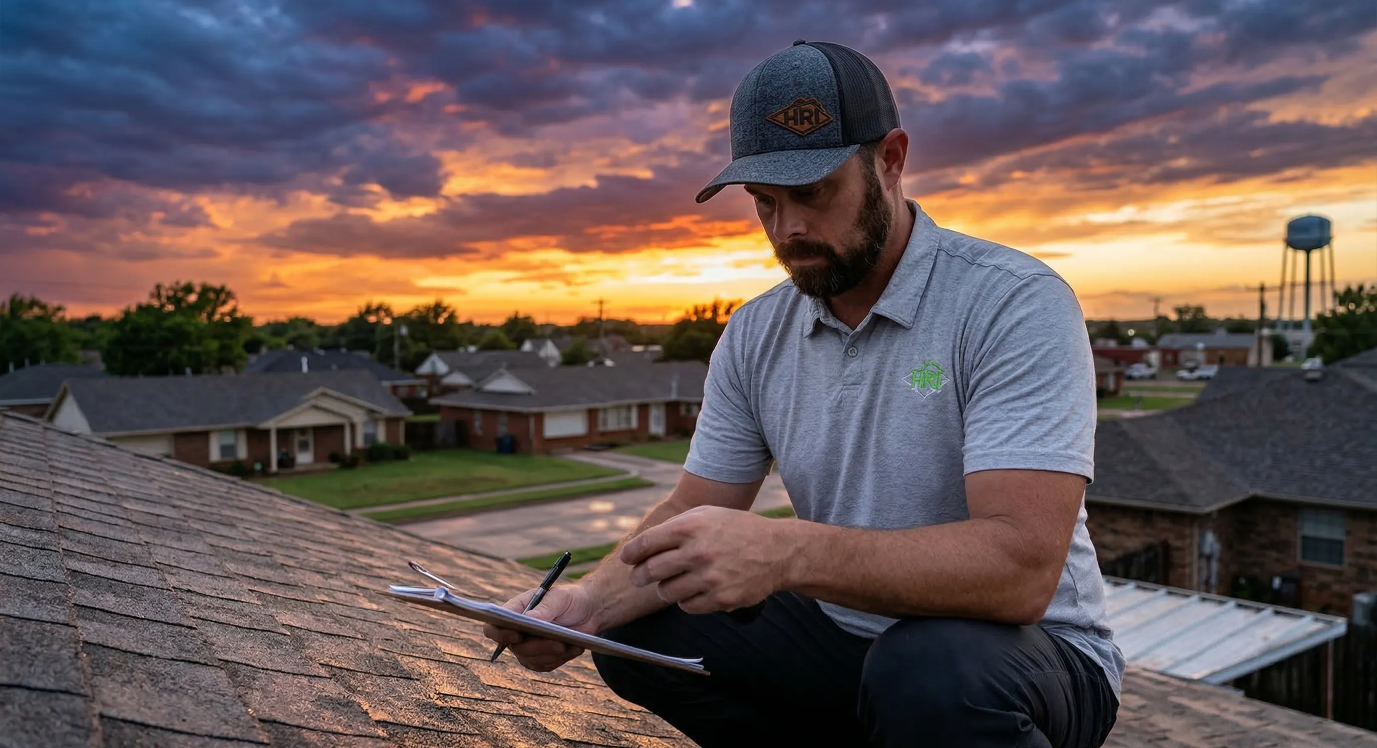 HRI residential roofing inspector at sunset in Oklahoma